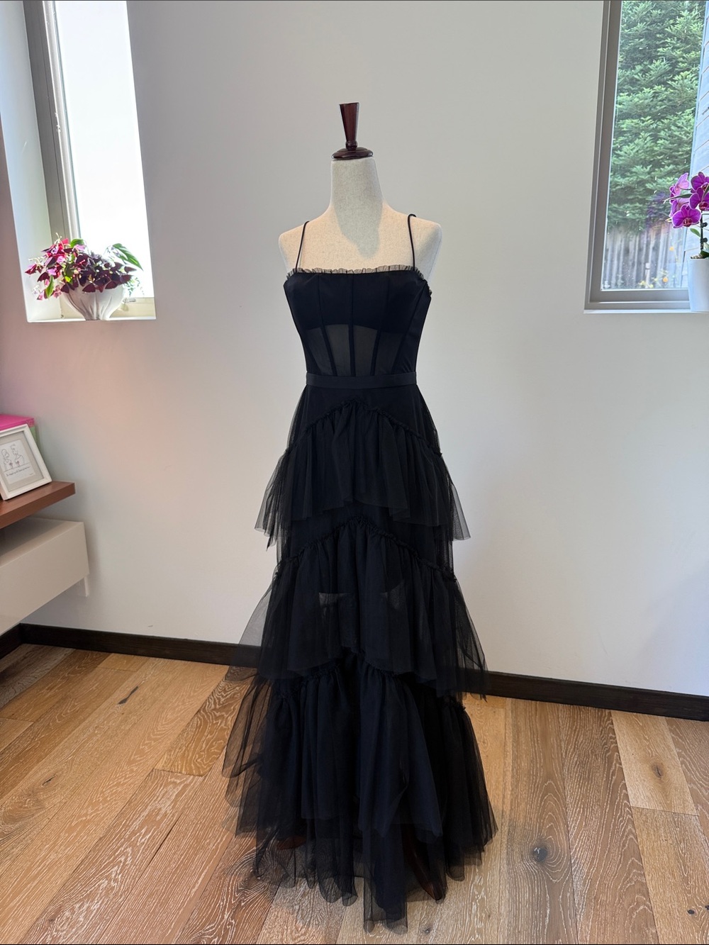 BCBGMaxAzria Black Tiered Tulle Maxi Dress